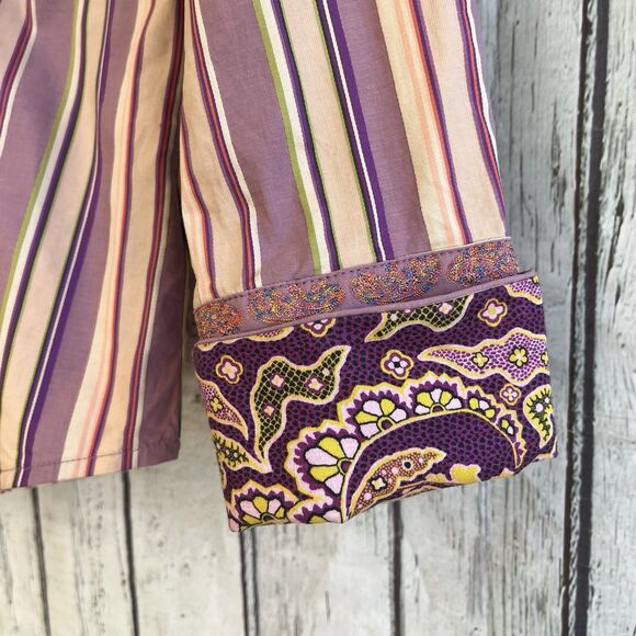 Robert Graham Womens Embroidered Button Up Top Size M Flip Cuff Pleated Striped - Picture 6 of 14